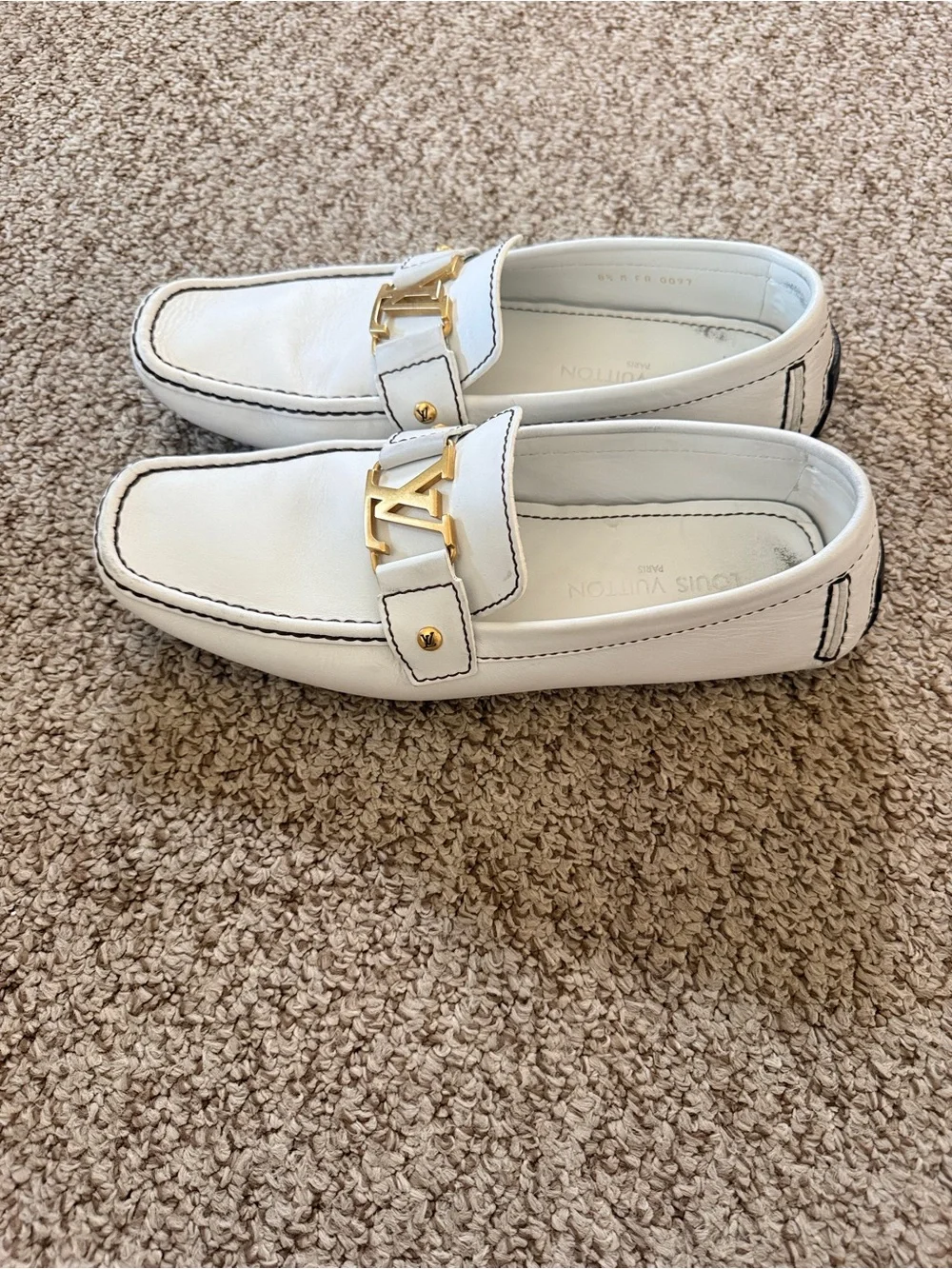 Louis Vuitton White Leather Loafers with Gold LV Hardware